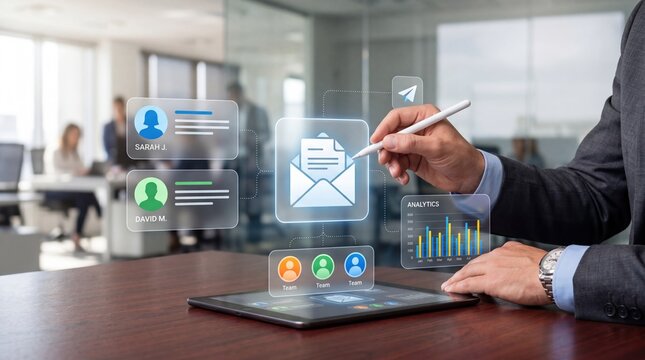 Marketer analyzing email campaign analytics on tablet, showing team collaboration and customer engagement metrics for business growth