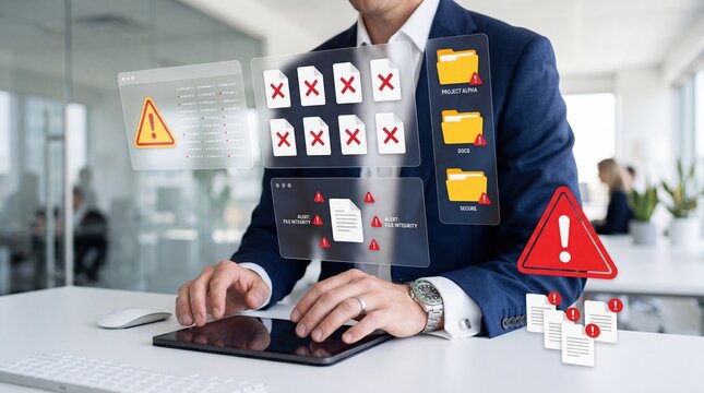 Cybersecurity concept, businessman looking at tablet with holographic warning signs, corrupted files, data breach alerts and virus protection icons floating above screen in office