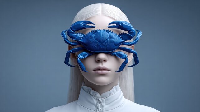 A striking surreal portrait of a woman with a blue crab over her eyes.