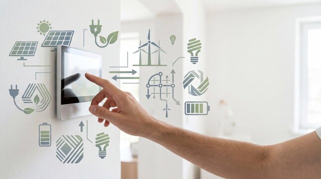 Hand using smart home control panel to manage renewable energy sources like solar and wind, battery storage, and electricity consumption, illustrating sustainable living and IoT