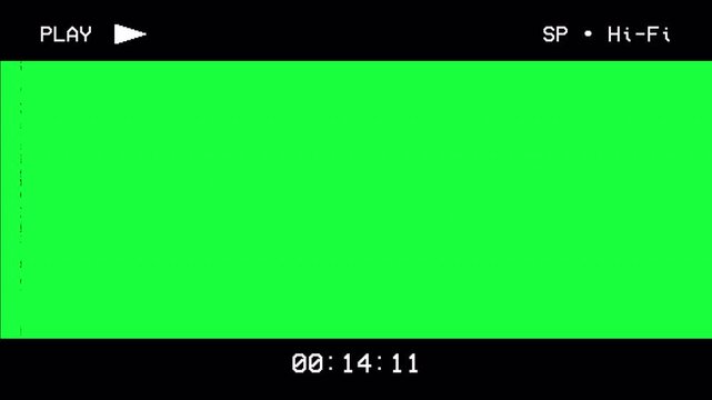 Analog VHS playback screen with line texture, grain, glitch noise for overlay. Retro video playback interface with analog noise and scanline for film. VHS player with camcorder playback HUD. 4K video