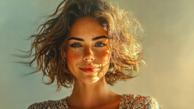 A lovely woman with freckles and a warm smile bathed in sunlight.