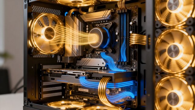 Open computer case with glowing fans and components