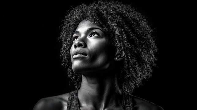 A striking black and white portrait of a woman looking upwards with determination.