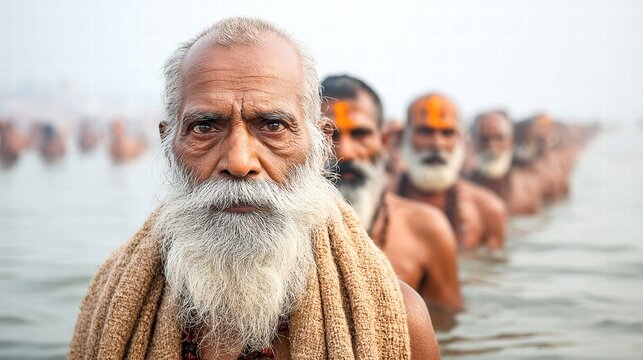 An elderly man with a long white beard stands in the holy water, surrounded by others.