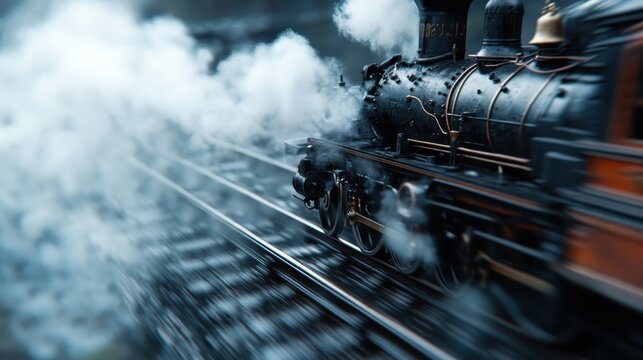 A vintage steam locomotive bursts through a foggy backdrop, conveying a sense of nostalgia and the timeless charm of classic trains in motion.
