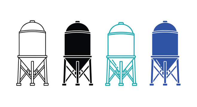 Set of four colorful water towers in different shades with structural details and sky background