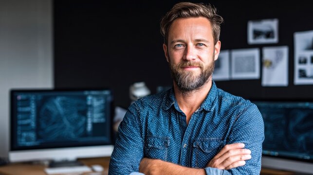 A handsome businessman smiles confidently with arms crossed in his modern office.