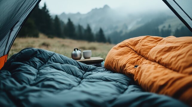 A serene camping scene inside a tent with cozy sleeping bags, capturing nature's beauty and tranquility with foggy mountains in the background and coffee essentials.