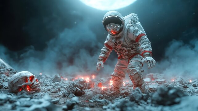An astronaut explores a mysterious, surreal moon landscape, shrouded in mist with a skull nearby, symbolizing the interplay of discovery and existential themes in space.