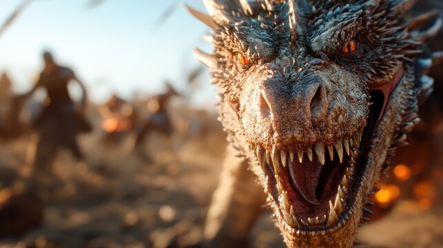 A close-up of a fierce dragon roaring in anger against a dramatic battlefield backdrop, highlighting mythical creatures and the clash of forces with vibrant colors and intensity.