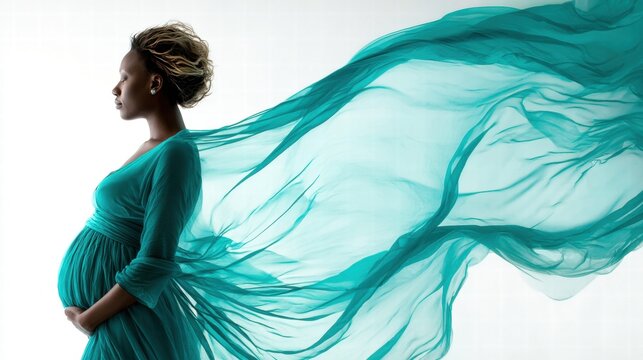 Elegant pregnant woman in a teal dress, with flowing fabric, set against a white background