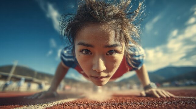 Close-up of a determined Asian woman doing push-ups on a running track, showcasing athletic strength.