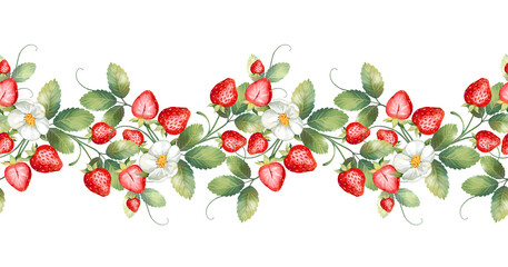 Hand drawn illustration of a seamless horizontal border with strawberries, blossoms, and foliage. Botanical summer berry divider © Gribanessa