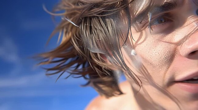 Close-up of a young boy s face with windblown hair and dandelion seeds floating in the air against a bright blue sky capturing childhood wonder and freedom