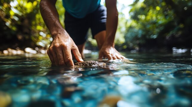 A man bends down in clear water, feeling for stones among the pebbles, surrounded by lush greenery, symbolizing exploration, adventure, and the connection with nature.