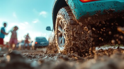 Fototapeta premium A vibrant car splashes through muddy terrain, showcasing the thrill of adventure and off-road excitement as water and dirt fly around the tires.
