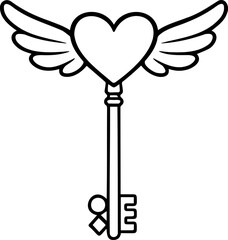 Naklejka premium Minimalist Heart Key with Wings Vector Icon, Romantic Skeleton Key Line Art for Valentine's Day and Love Concepts