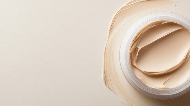 A jar of creamy foundation lies open with its contents elegantly spread across a soft surface, emphasizing beauty, skincare, and the art of cosmetic application and presentation.