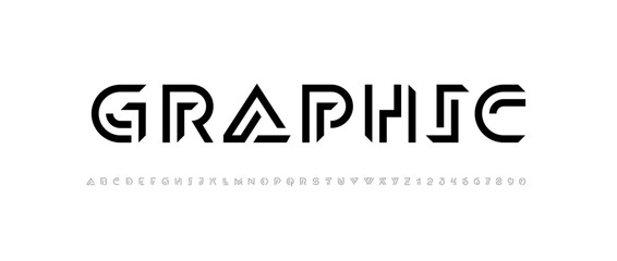 Logo font alphabet from segment lines, technology letters A, B, C, D, E, F, G, H, I, J, K, L, M, N, O, P, Q, R, S, T, U, V, W, X, Y, Z and numerals 0, 1, 2, 3, 4, 5, 6, 7, 8, 9, and numbers, vector il © marooshka