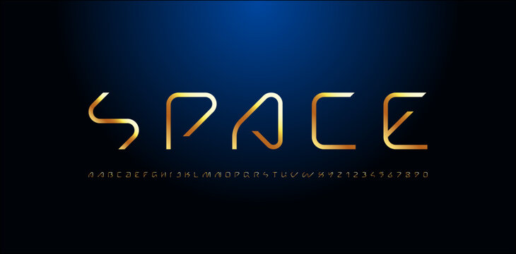 Technical future font, trendy digital cyber alphabet, golden letters from A, B, C, D, E, F, G, H, I, J, K, L, M, N, O, P, Q, R, S, T, U, V, W, X, Y, Z and numbers from 0, 1, 2, 3, 4, 5, 6, 7, 8, 9 for