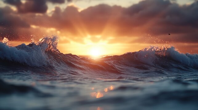 Powerful waves crash against the shoreline, illuminated by a stunning sunset that creates a mesmerizing interplay of light, color, and movement in the ocean.