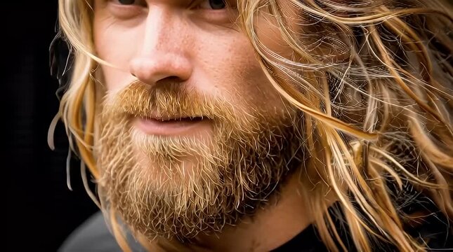 Dramatic portrait of a bearded man with flowing hair against a dark background conveying strength masculinity and a sense of wildness ideal for rugged branding and editorial use