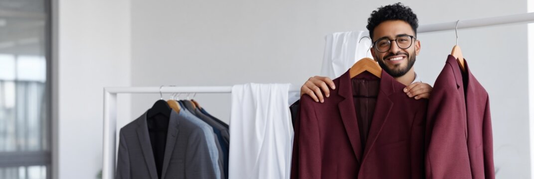 Man holding multiple burgundy suits on rack in boutique