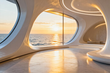 Fototapeta premium This futuristic minimalist interior lounge features curved white architecture, large ocean-view windows showcasing golden hour sunset over the sea, with warm lighting reflecting on the polished floor.