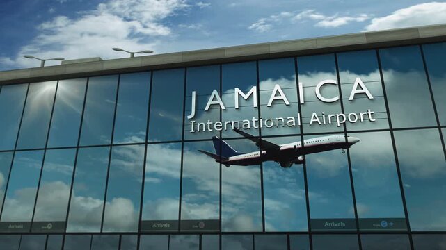 Plane landing at Jamaica, Kingstone. Arrival in the city with the glass airport terminal and reflection of the jet aircraft. Travel, business, tourism and transport 3D concept.