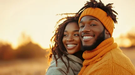 Fototapete Tierärzte A joyful couple in warm sweaters smiles brightly while embracing during golden hour, radiating love, happiness, and connection against a soft autumn backdrop filled with warmth and comfort.  © Larisa AI