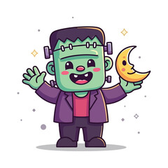 Naklejka premium Cheerful Cartoon Frankenstein Monster Holding Crescent Moon - Halloween Illustration