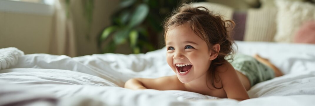 Toddler girl laughing while lying on bed in sunlit room