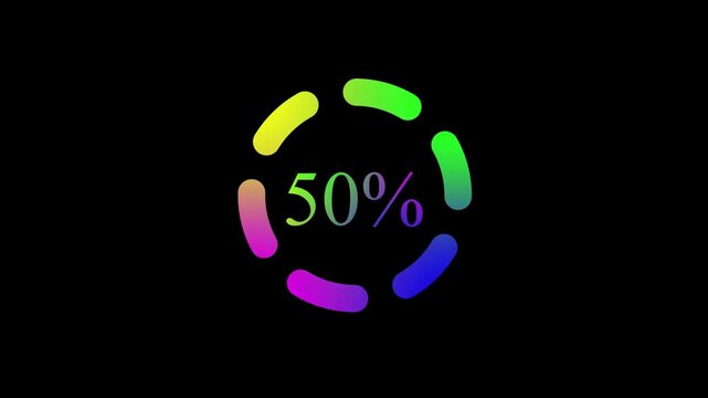 Multiple Color Animated Loading Spinner with Number Moving Percentages on Black Background. Loop Animation and Futuristic Colorful Circle Wheel Loader Icon.