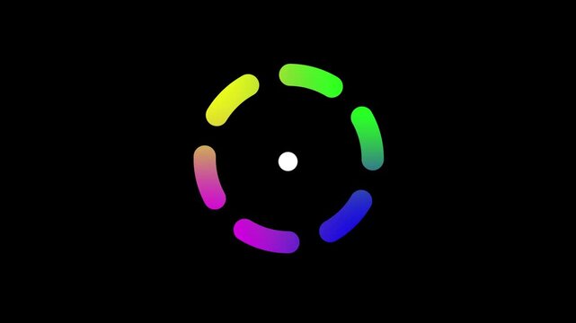 Multiple Color Animated Loading Spinner on Black Background. Loop Animation and Futuristic Colorful Circle Wheel Loader Icon.