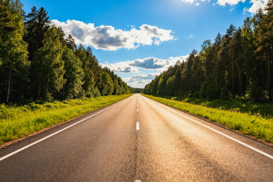 A straight two-lane asphalt highway cuts through a lush temperate forest under a bright sunny blue sky with fluffy white clouds.