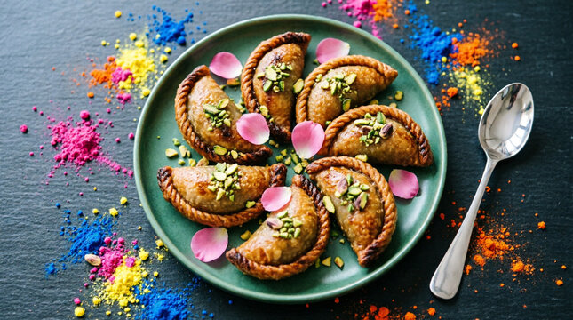 Golden gujiya pastries sparkle with pistachios, petals, and festive Holi colors.