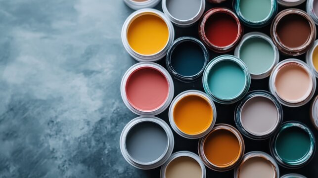 An array of vibrant paint pots displayed artistically, inviting creativity and encouraging self-expression through vivid colors and unique styles.