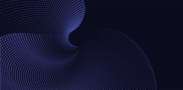 Halftone gradients and fluid particle wave patterns. Set against a deep midnight blue backdrop, the intersection of structured technology and the rhythmic energy of sound.