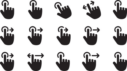 Fototapeta premium Touch Screen Hand Gesture Icon Set for Mobile UI UX Design, Black Silhouette Finger Tap, Swipe, Scroll, and Zoom Symbols on White Background