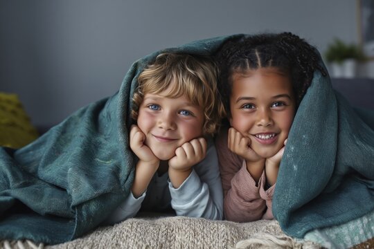 Two children peeking from blanket on bedroom bed in living room