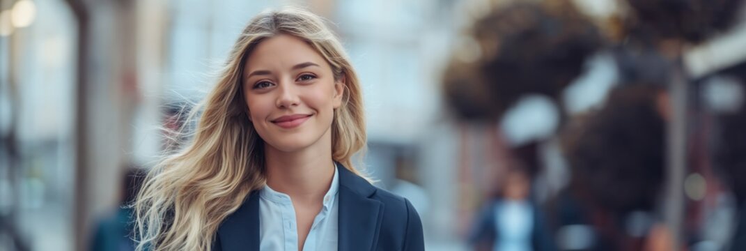 Young woman smiling while walking along urban street