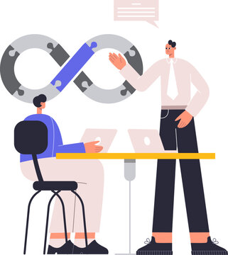 Two developers discussing continuous integration and delivery using a DevOps infinity symbol
