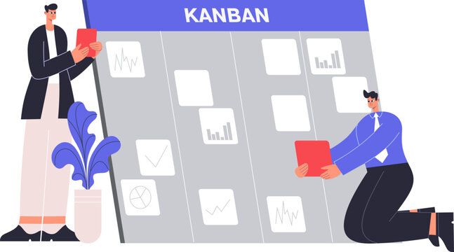 Men organizing workflow and tracking project progress on an agile Kanban board