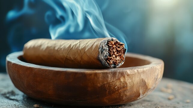 An artistic composition featuring a rolled cigar resting in a natural wooden bowl, with fragrant smoke wafting up, highlighting relaxation and a luxurious lifestyle.