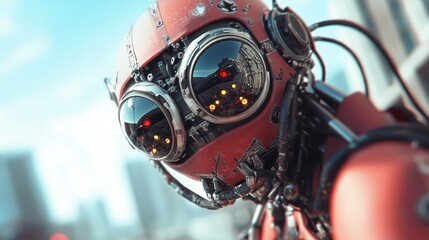 Fototapeta premium A striking and intricate close-up of a futuristic robot, featuring glowing eyes and steampunk aesthetics, showcasing advanced technology and creativity in robotics design.