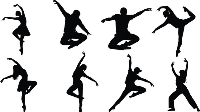 Dance silhouette set featuring ballet contemporary dancers dynamic poses movement performance isolated on white background vector illustration collection