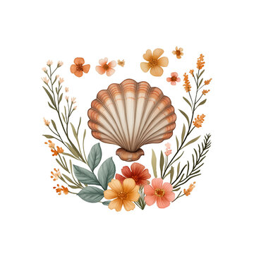 elegant seashell and floral wreath illustration Clipart on transparent background