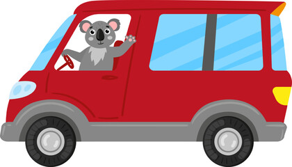 Koala bear driving red vehicle and waving hand, isolated on white background © WinWin