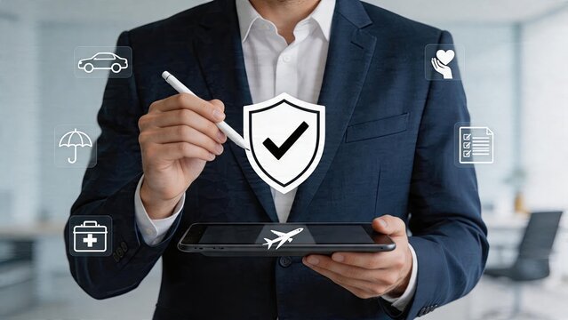 Businessman holding tablet drawing security shield concept holographic interface digital insurance symbols protection checkmark overlay modern corporate strategy technology